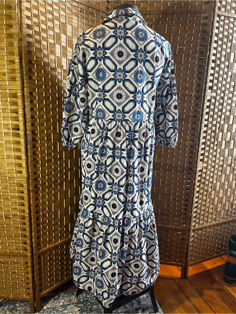 Anthropologie Sz Small Maxi Dress with Blue and Brown Tile Print Cotton Boho - Picture 6 of 7